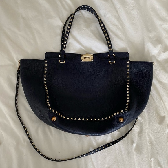Medium Valentino Garavani Rockstud Tote Navy Grainy Leather RARE COLOR - Picture 13 of 16